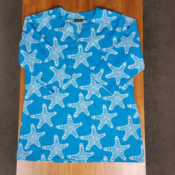 Kikisol Aqua White Starfish 100% Cotton Lightweight Tunic Coverup- XXL - Picture 5 of 9